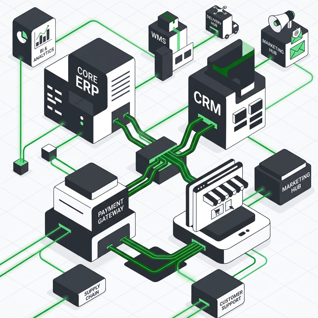 Ilustração isométrica de sistemas integrados: ERP, CRM, e-commerce, pagamentos, WMS e marketing conectados por fluxos de dados